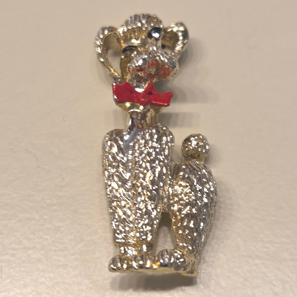 Vintage Gold Tone Poodle Brooch Red Bow Rhinestone Eyes Dog Pin